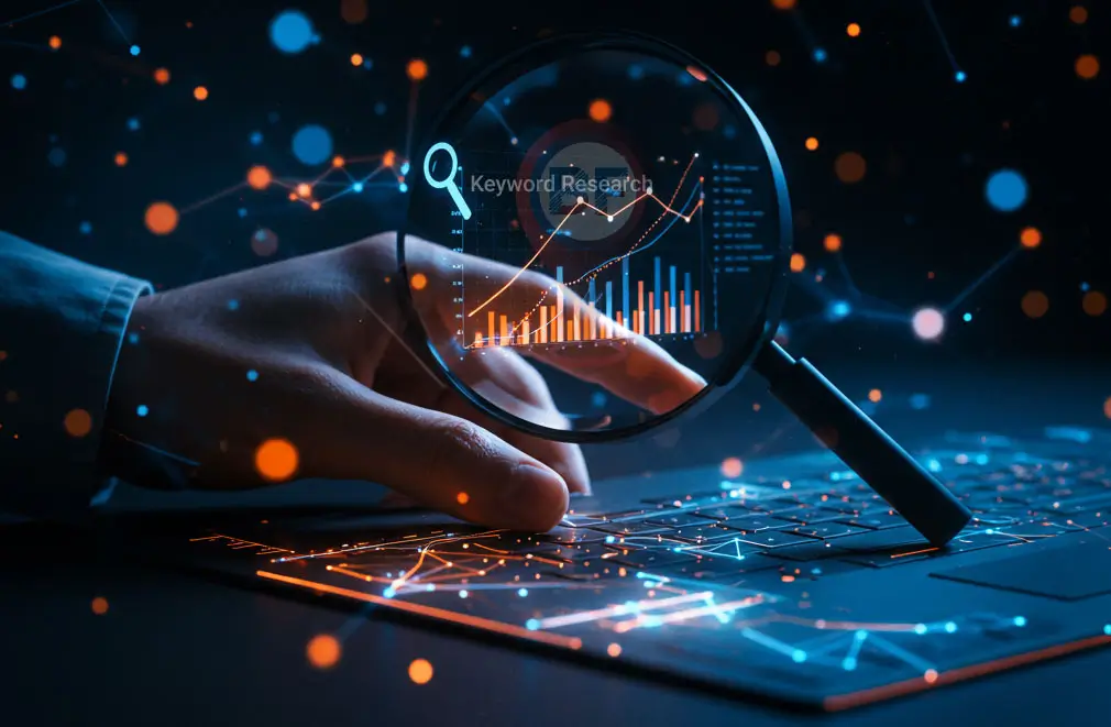 Keyword Research Services Hero Image A stylized image of a magnifying glass over a glowing search bar, symbolizing in-depth keyword research.